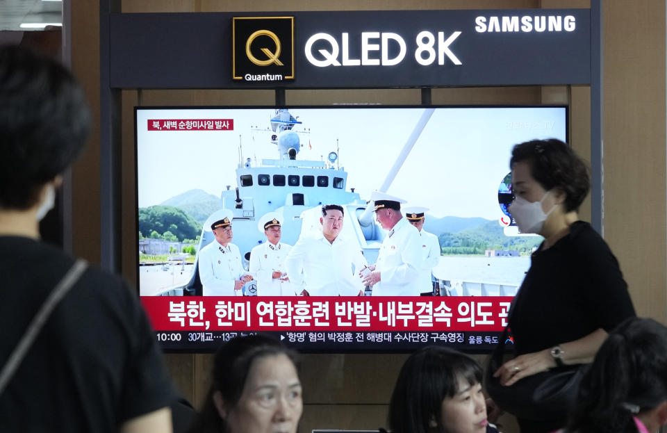 A TV screen shows a file image of North Korean leader Kim Jong Un during a news program at the Seoul Railway Station in Seoul, South Korea, Saturday, Sept. 2, 2023. (AP Photo/Ahn Young-joon)