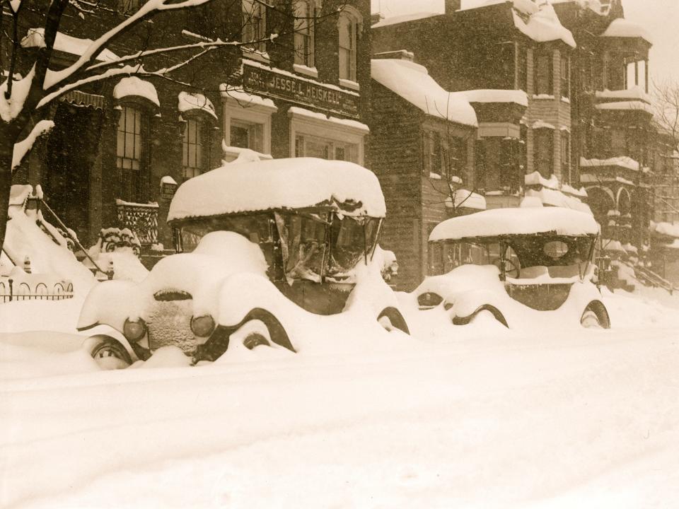 Cars buried in snow during the Knickerbocker Storm in Washington, DC, in January 1922.
