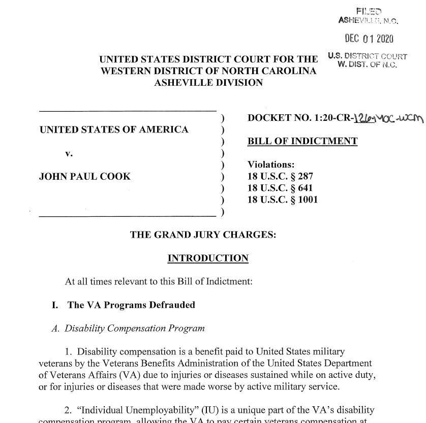 The bill of indictment against John Paul Cook of Buncombe County details three decades of fraud that resulted in Cook receiving nearly $1 million in disability compensation.