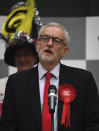 British opposition Labour Party leader Jeremy Corbyn speaks during the declaration of his seat in the 2019 general election in Islington, London, Friday, Dec. 13, 2019. The first handful of results to be declared in Britain's election are showing a surge in support for to the Conservatives in northern England seats where Labour has long been dominant. (AP Photo/Alberto Pezzali)