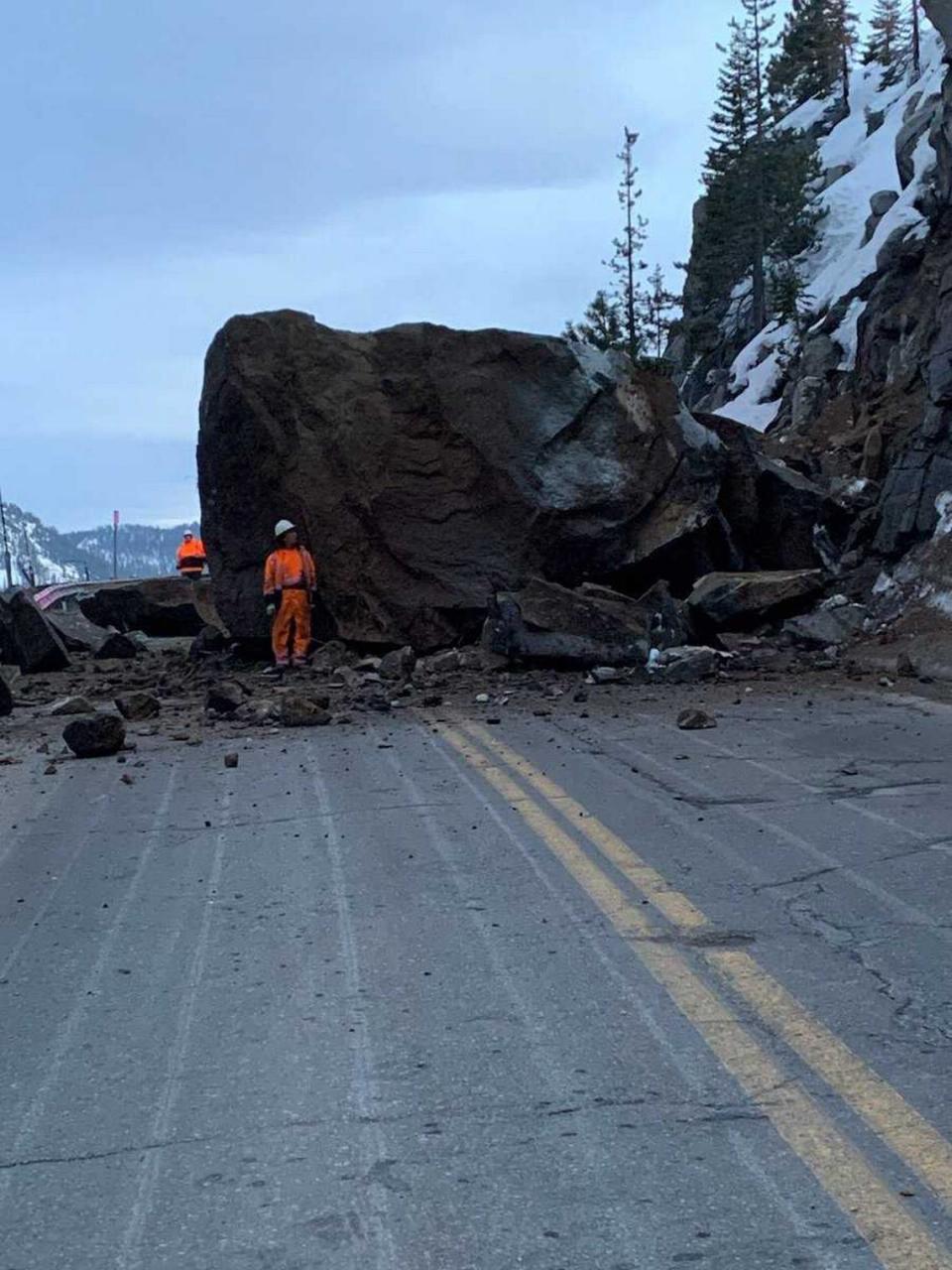 A rockslide is seen on Highway 50 near Echo Summit on Thursday, March 3, 2022. The rock came down before 5:40 p.m. and shut down the mountain highway in both directions.