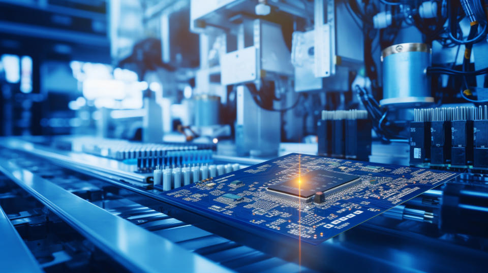 A technician working on power management in a semiconductor factory.