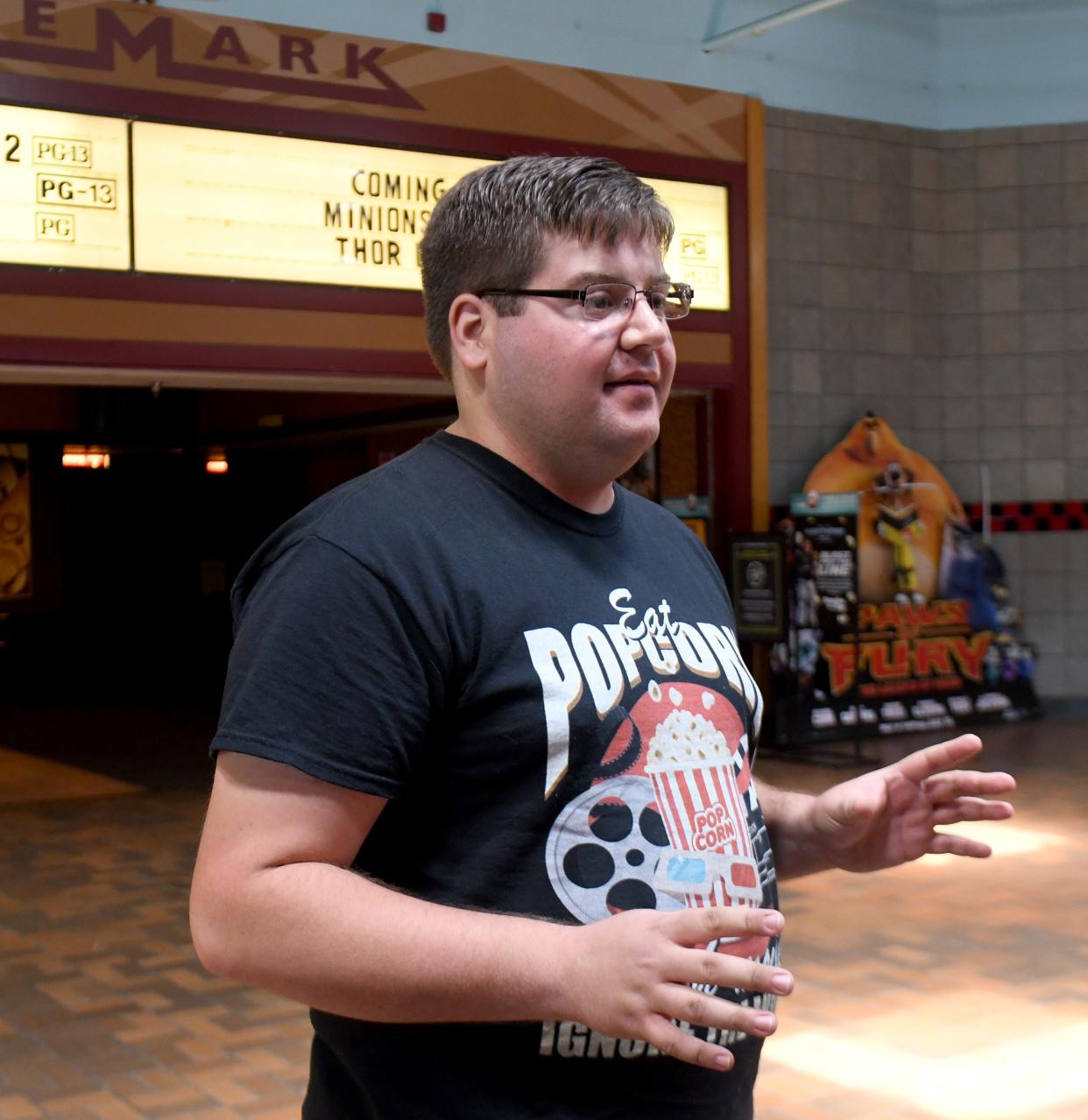 Garrett Ball, 26 of Beloit, is working to save the Cinemark movie theater at Carnation Mall. He goes almost every Friday to see the newest release.