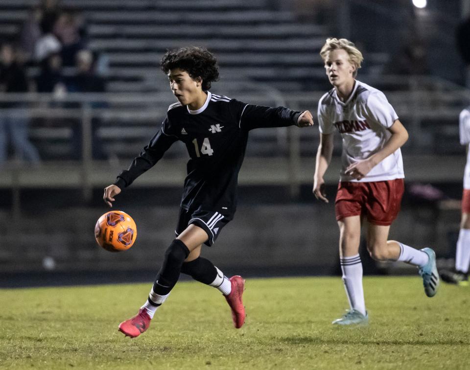 Buccaneer Carter Cole heads to the goal. Bozeman hosted North Bay Haven in the District 1-3A soccer playoffs Thursday, January 27, 2022. The Buccaneers won big 8-0 to move on in the tourney.