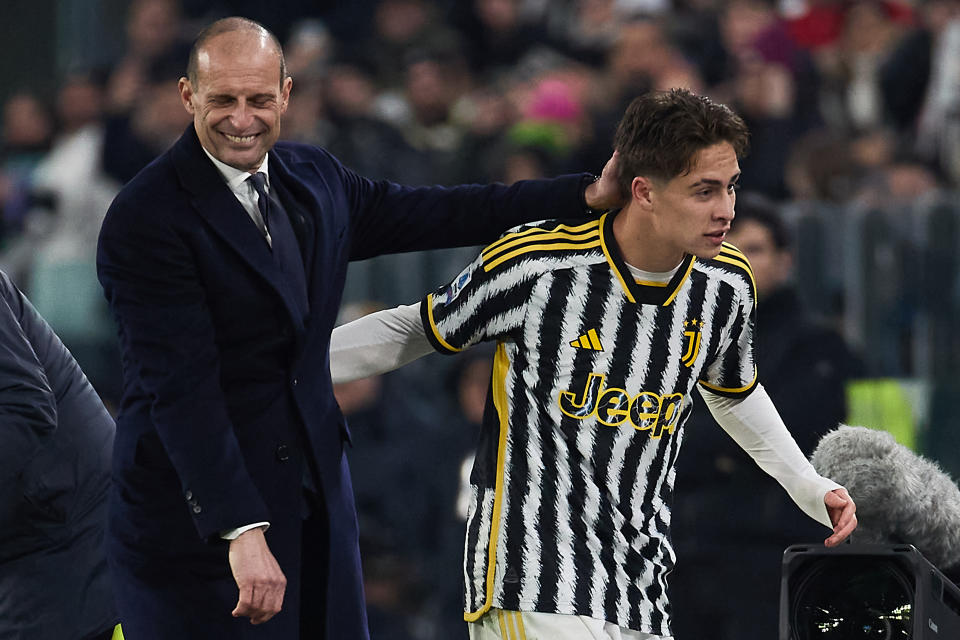 TURIN, ITALY - DECEMBER 30: Massimiliano Allegri, head coach of Juventus and Kenan Yildiz of Juventus reacts during the Serie A TIM match between Juventus and AS Roma at Juventus Stadium on December 30, 2023 in Turin, Italy. (Photo by Emmanuele Ciancaglini/Ciancaphoto Studio/Getty Images)