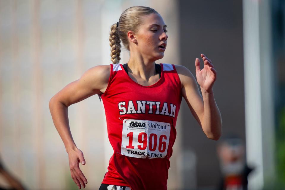 Santiam’s Averie Peterson runs in the 2A 1,500 meters during day two of the OSAA State Track and Field Championships Friday, May 17, 2024 at Hayward Field in Eugene, Ore.