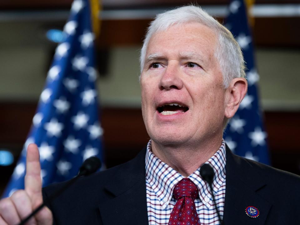 Rep. Mo Brooks, R-Ala., conducts a news conference in the Capitol Visitor Center on Tuesday, June 15, 2021.