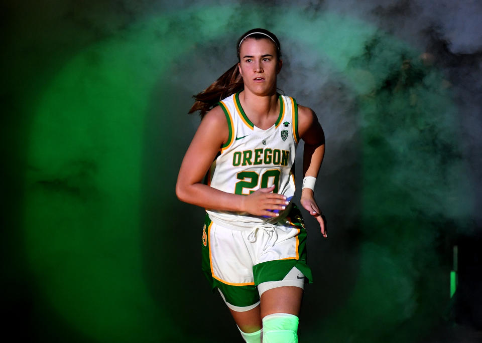 Sabrina Ionescu #20 of the Oregon Ducks is introduced before the championship game of the Pac-12 Conference women's basketball tournament against the Stanford Cardinal at the Mandalay Bay Events Center on March 8, 2020 in Las Vegas, Nevada. The Ducks defeated the Cardinal 89-56. (Photo by Ethan Miller/Getty Images)