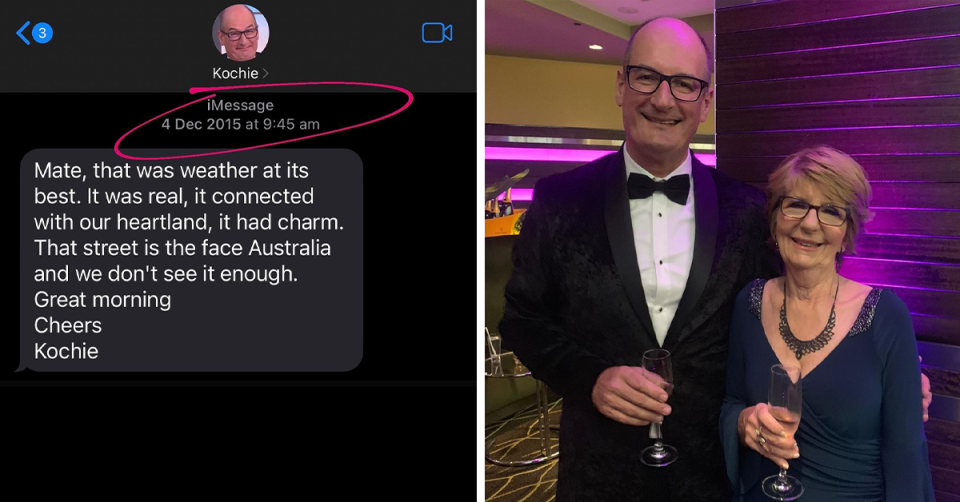 Sunrise's David 'Kochie' Koch's text to Sam Mac / Kochie with Sam's mum Loretta.