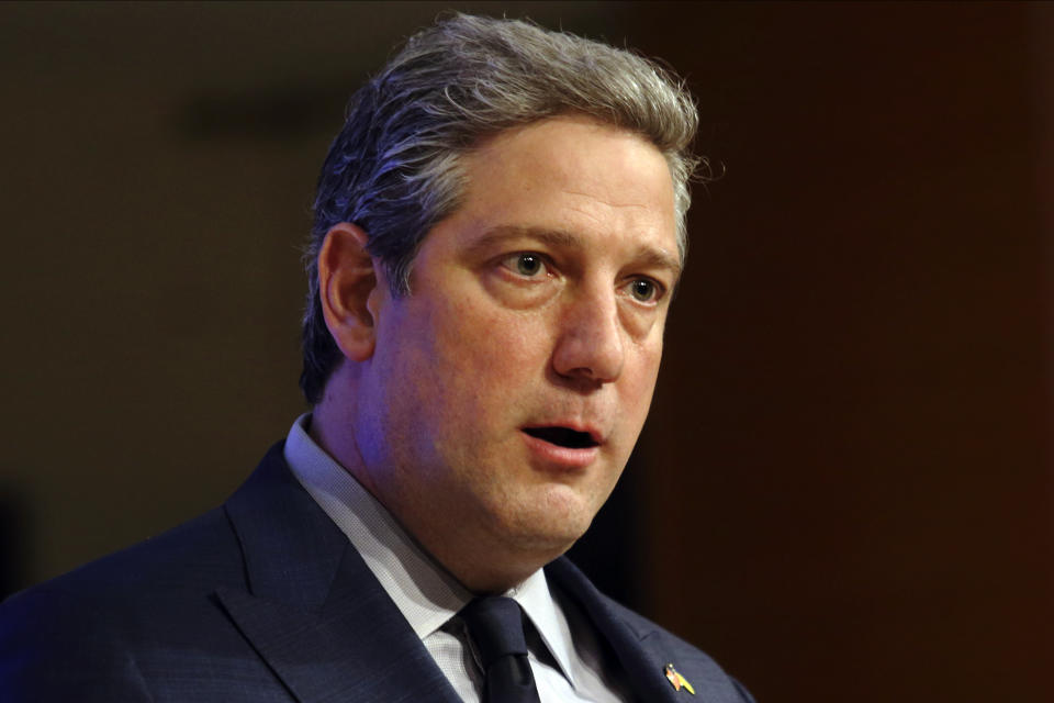 FILE - Rep. Tim Ryan, a Democrat running for an open U.S. Senate seat in Ohio, talks with reporters following a debate with other Democrats at Central State University in Wilberforce, Ohio, March 28, 2022. (AP Photo/Paul Vernon, File)