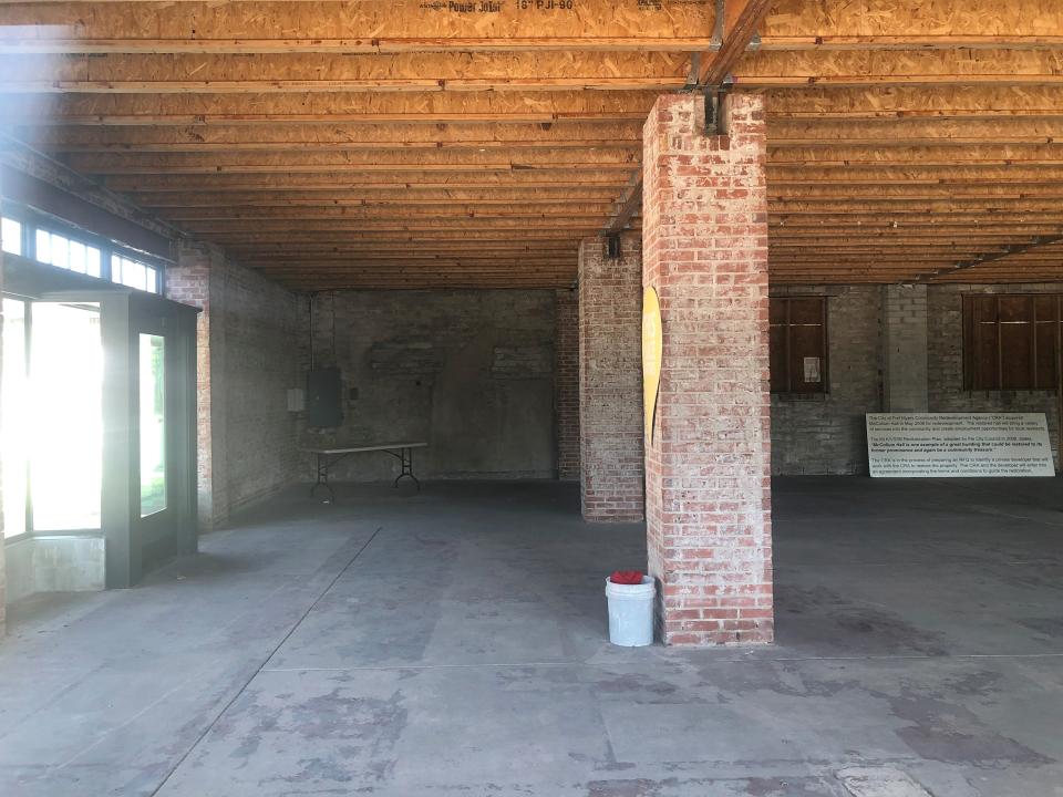 Renovation inside Dunbar's McCollum Hall include plans for a downstairs food hall. Developers plan to keep the building's exposed brick and cement floors.