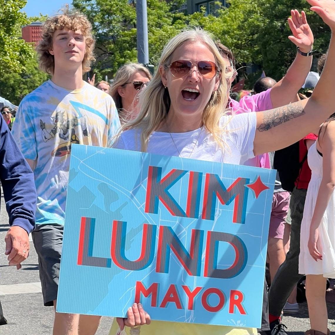 Kim Lund, a candidate for Bellingham mayor, marches with supporters at the Pride in Bellingham parade on July 9. Robert Mittendorf/The Bellingham Herald