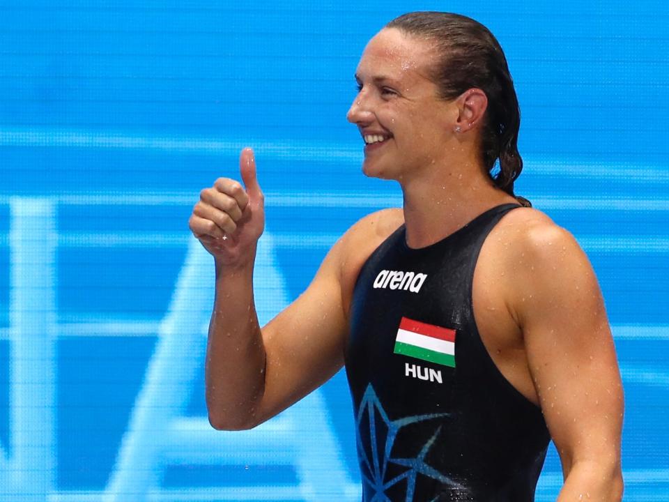 Katinka Hosszu gives a thumbs up at the European Aquatics Championships in 2021.