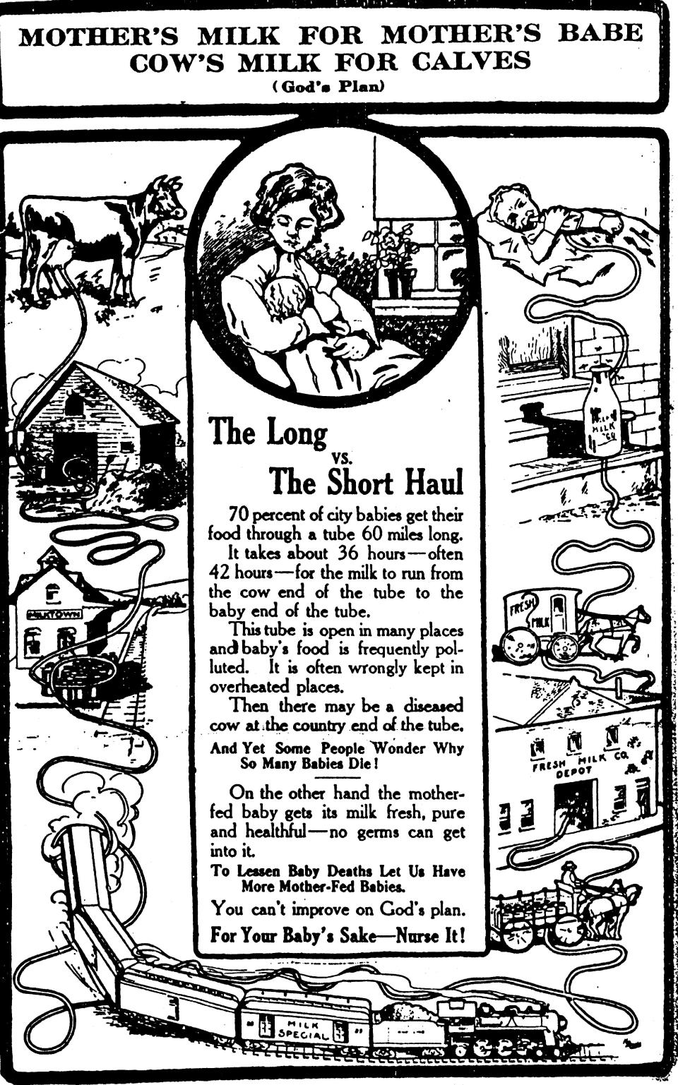 This poster was used in breastfeeding campaigns, and public health workers plastered it all over urban neighborhoods throughout the U.S. in the early 20th century. It illustrates the arduous journey cow's milk takes to reach an infant in the city. (Image: Bulletin Chicago School of Sanitary Instruction, June 3, 1911)