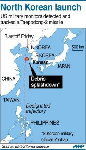 Graphic showing the splashdown zone of the failed North Korean rocket launch Friday. North Korea's heralded long-range rocket test ended in failure Friday, disintegrating in mid-air soon after blast-off and plunging into the sea in a major embarrassment for the reclusive state