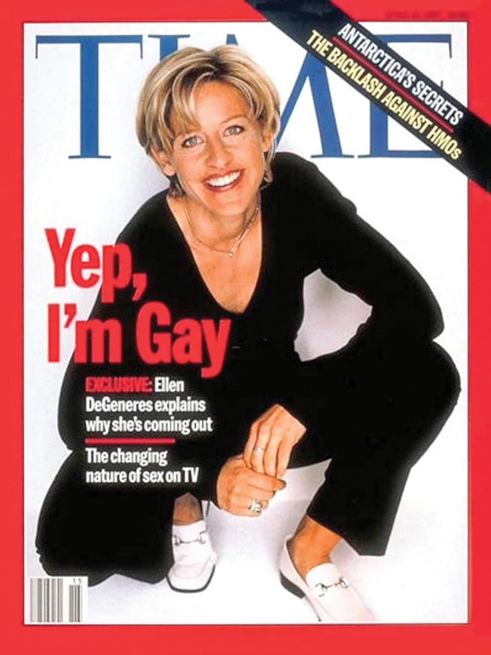 Ellen DeGeneres’ cover of Time magazine on April 14, 1997, in which she came out. Ellen is an absolute hero, says Halls.