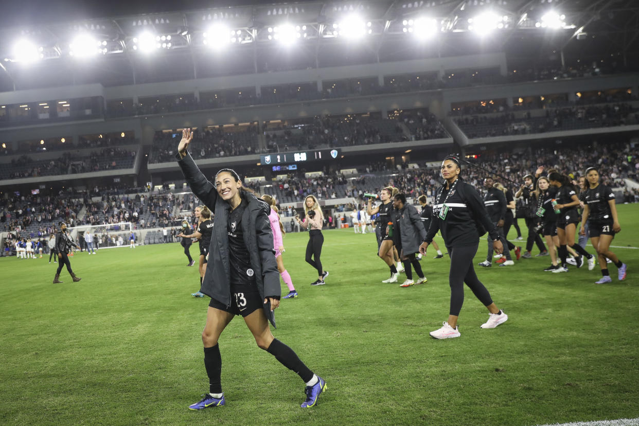 Christen Press and Angel City won their first-ever home match with over 20,000 energetic fans in attendance. (Photo by Meg Oliphant/Getty Images)
