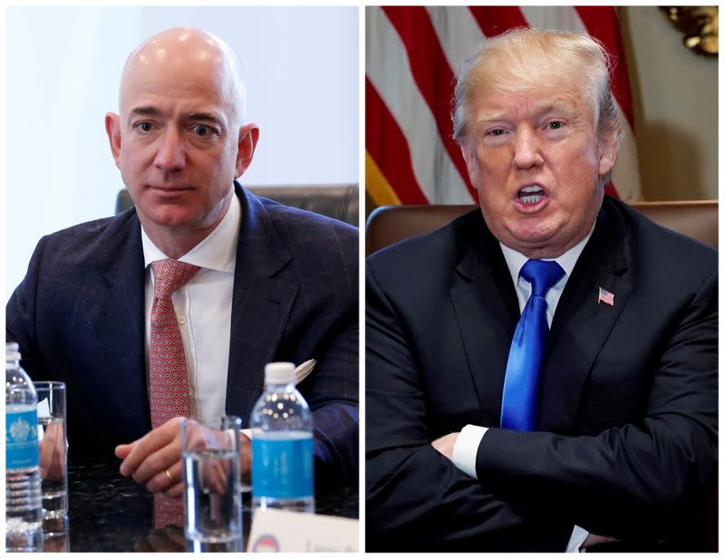 FILE PHOTO: A combination photo of Amazon CEO Jeff Bezos and U.S. President Donald Trump in New York and in Washington