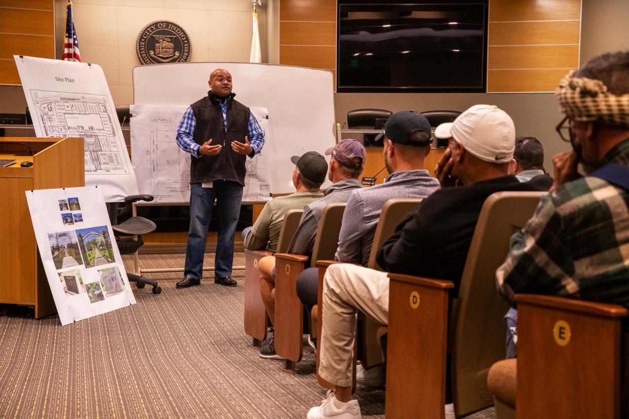 Indio Mayor Waymond Fermon leads a community input meeting regarding the John Nobles Memorial Park in Indio, Calif., on Nov. 30, 2022. 