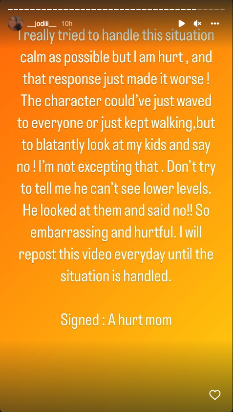 A mom took to her Instagram Stories after a video of her daughters' interaction with a character at Sesame Place Philadelphia went viral. (Credit: Instagram/_jodiii_)