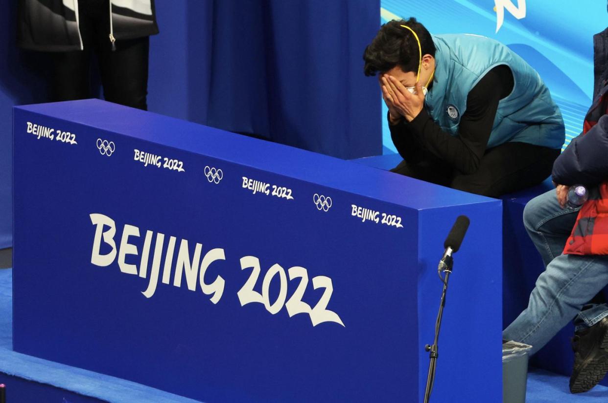 nathan chen reacts to his olympic performance with emotion