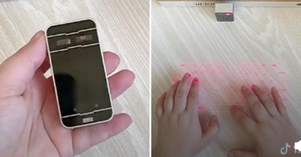 TikTok user Teresa Caruso demonstrates how to use AGS Wireless Laser Projection Bluetooth Virtual Keyboard