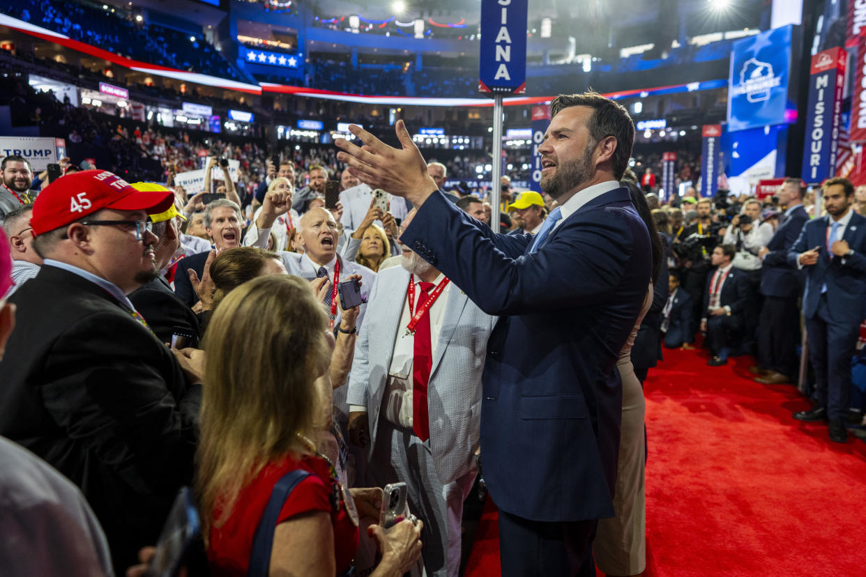 Sen. JD Vance (R-Ohio), the newly announced running mate to former President Donald Trump, takes the floor on the first day of the Republican National Convention, at the Fiserv Forum in Milwaukee, on Monday, July 15, 2024. (Doug Mills/The New York Times)