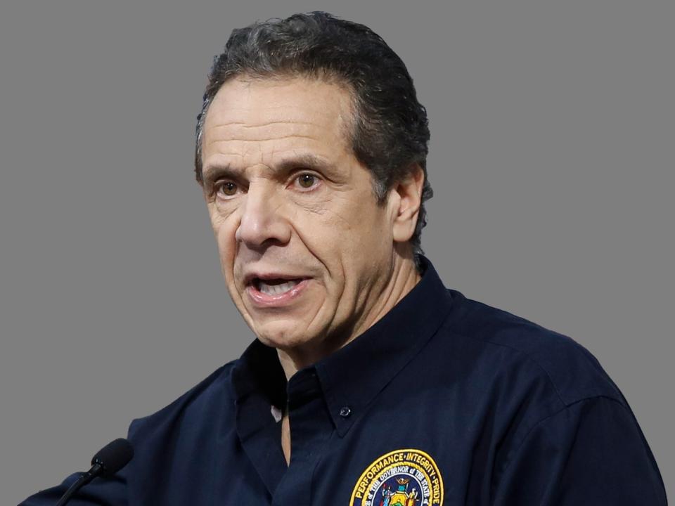 Andrew Cuomo headshot, as New York Governor, graphic element on gray