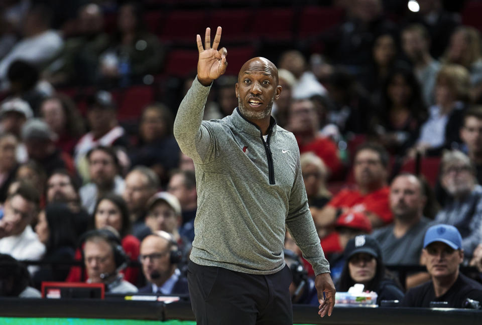 Portland Trail Blazers head coach Chauncey Billups calls a play against the Utah Jazz during the first half of an NBA preseason basketball game in Portland, Ore., Tuesday, Oct. 4, 2022. (AP Photo/Craig Mitchelldyer)