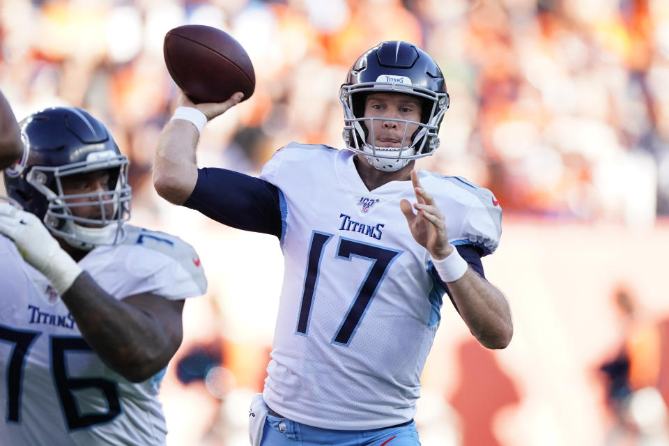 Tennessee Titans quarterback Ryan Tannehill throws a pass during the second half of an NFL football game against the Denver Broncos, Sunday, Oct. 13, 2019, in Denver. (AP Photo/Jack Dempsey)