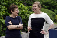 Liz Abzug, left, daughter of the late U.S. Rep. Bella Abzug, talks with Democratic candidate for mayor of New York, Kathryn Garcia, during a campaign event, in Bella Abzug Park, in New York, Tuesday, June 8, 2021. Abzug endorsed Garcia's candidacy. (AP Photo/Richard Drew)