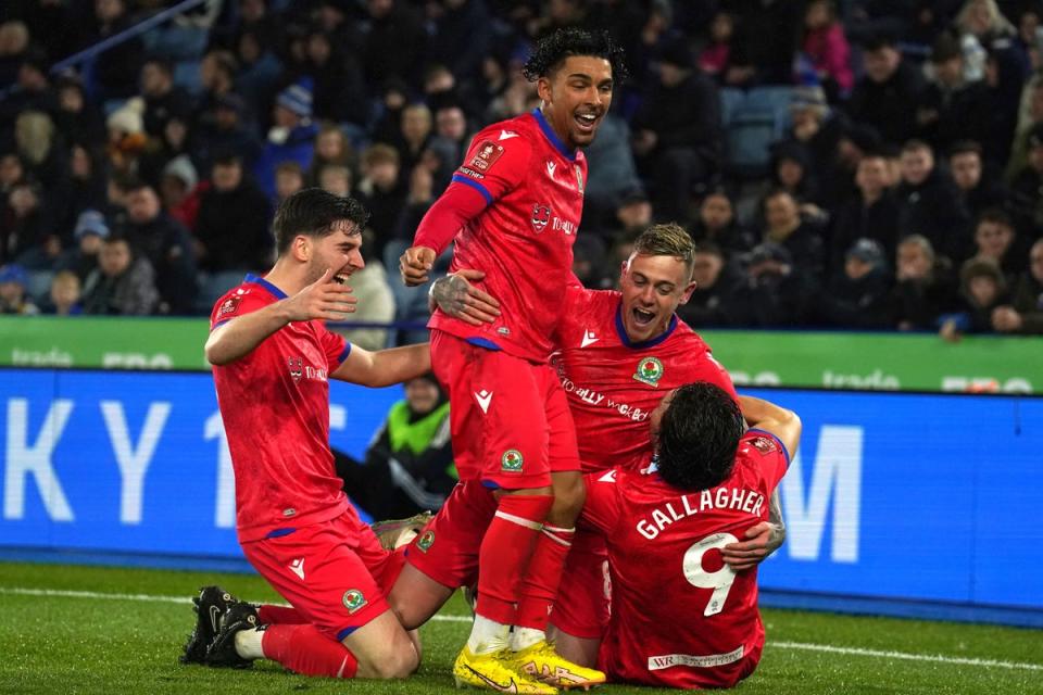 Blackburn’s Sammie Szmodics (second right) celebrates his goal as Rovers upset Leicester in the FA Cup (Mike Egerton/PA) (PA Wire)