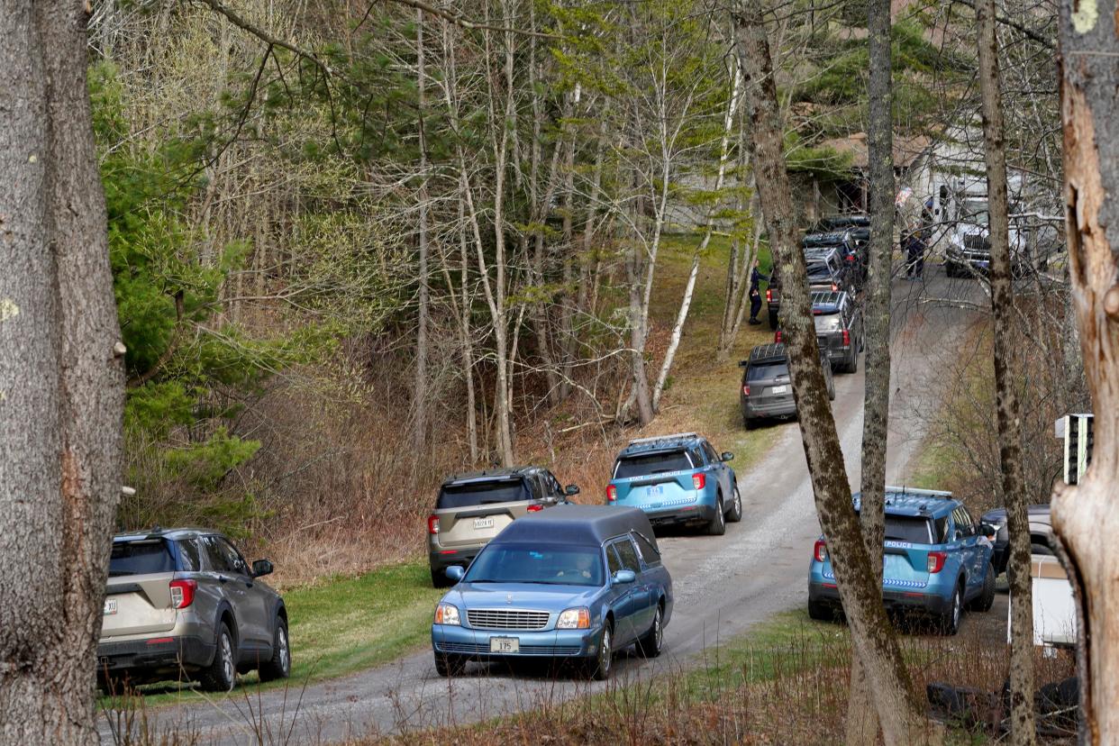 A hearse leaves the scene of a shooting, Tuesday, April 18, 2023, in Bowdoin, Maine (AP)