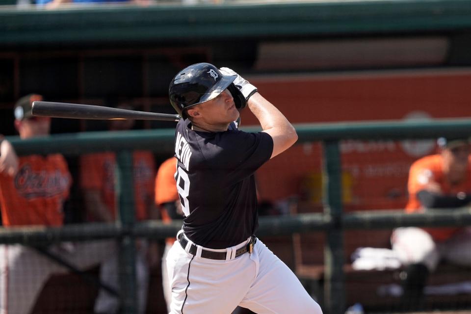 Detroit Tigers' Tyler Nevin hits a three-run home run against the Baltimore Orioles during the fifth inning of a spring training baseball game Thursday, March 2, 2023, in Lakeland, Fla.