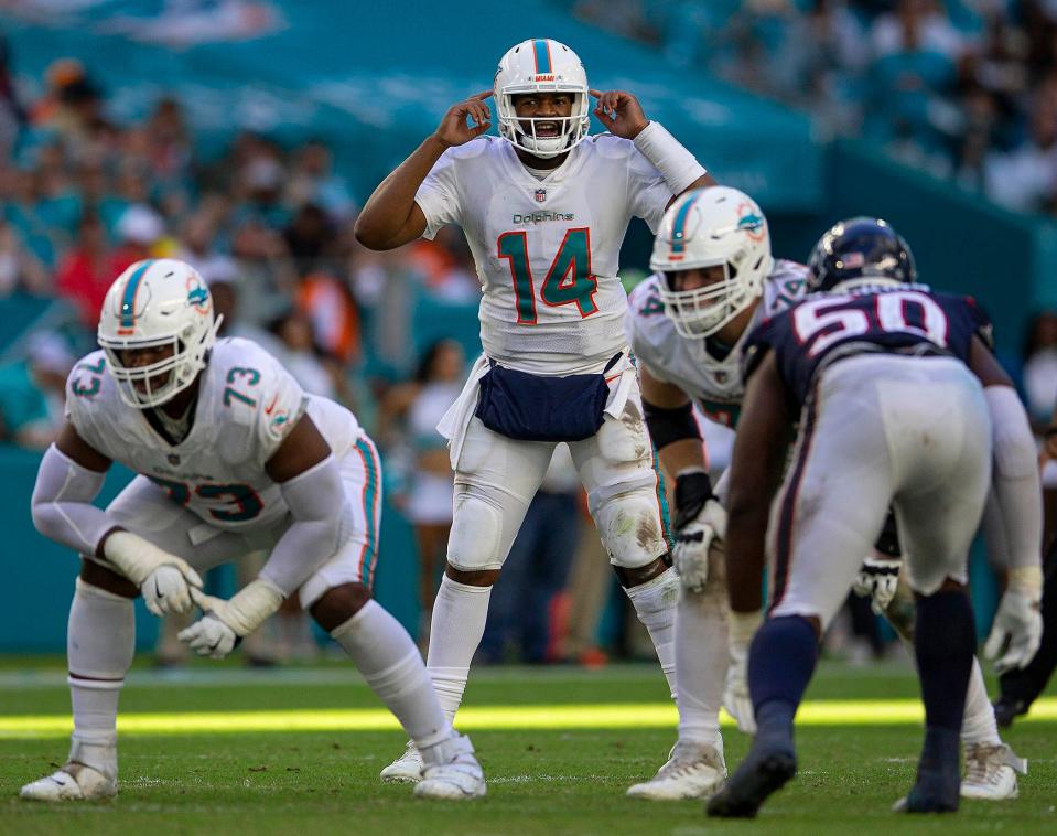 Miami Dolphins quarterback Jacoby Brissett (14) in action against Houston Texans during NFL game at Hard Rock Stadium Sunday in Miami Gardens.