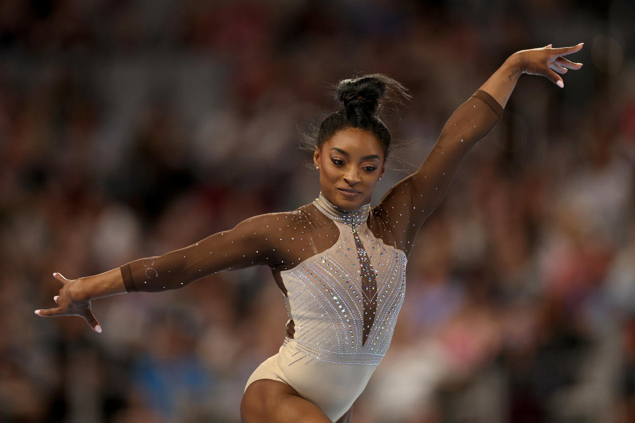 FORT WORTH, TEXAS - JUNE 02: Simone Biles competes in the floor exercise during the 2024 Xfinity U.S. Gymnastics Championships at Dickies Arena on June 02, 2024 in Fort Worth, Texas. (Photo by Elsa/Getty Images)