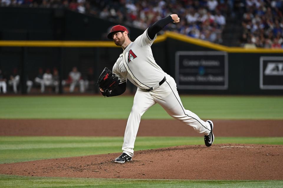 Jordan Montgomery #52 of the Arizona Diamondbacks delivers a second-inning pitch against the Los Angeles Dodgers at Chase Field on May 1, 2024 in Phoenix.