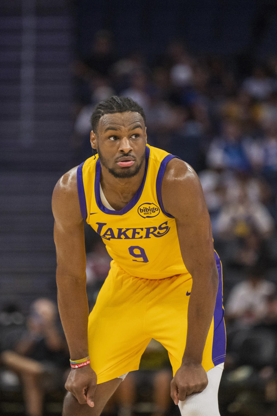 Los Angeles Lakers guard Bronny James (9) waits during a break in the first half of an NBA summer league basketball game against the Sacramento Kings in San Francisco , Saturday, July 6, 2024. (AP Photo/Nic Coury)