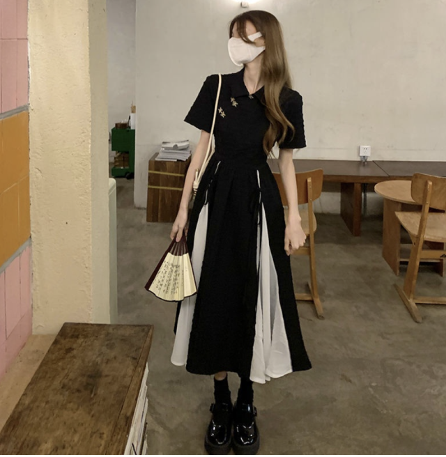 Improved Cheongsam Retro Loose Black Stand-Up Collar Buckle Dress