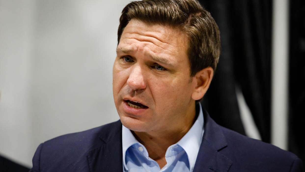 Florida Gov. Ron DeSantis addresses a news conference at a Regeneron monoclonal antibody clinic in Pembroke Pines, Fla., on Wednesday. 