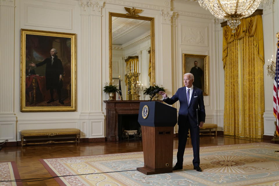 President Joe Biden leaves after a virtual event with the Munich Security Conference in the East Room of the White House, Friday, Feb. 19, 2021, in Washington. (AP Photo/Patrick Semansky)