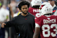 Arizona Cardinals quarterback Kyler Murray greets wide receiver Greg Dortch (83) after a play during the second half of an NFL preseason football game against the Kansas City Chiefs, Saturday, Aug. 19, 2023, in Glendale, Ariz. (AP Photo/Ross D. Franklin)