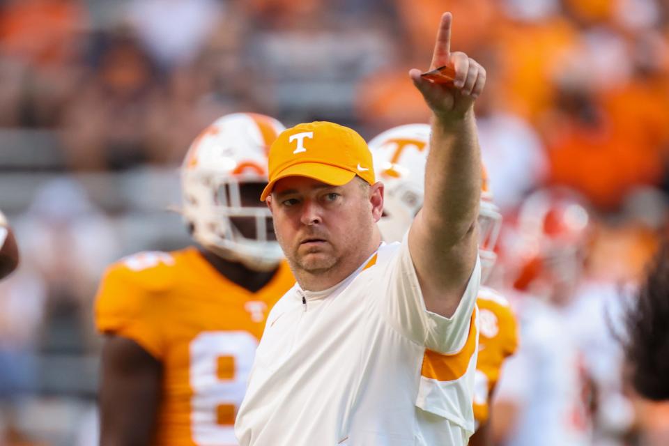 Tennessee head coach Josh Heupel reacts before the Volunteers' game against Bowling Green.