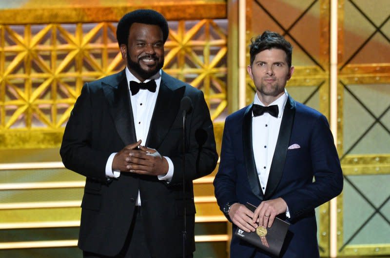 Craig Robinson (L) and Adam Scott speak onstage during the 69th annual Primetime Emmy Awards at Microsoft Theater in Los Angeles in 2017. File Photo by Jim Ruymen/UPI