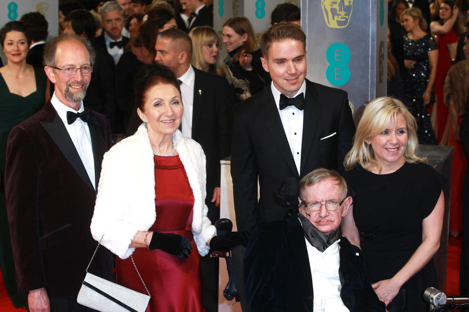 Stephen Hawking, Jane Wilde Hawking and family attend the British Academy Film Awards at The Royal Opera House on Feb. 8, 2015 in London. (Photo: Fred Duval/FilmMagic via Getty Images)