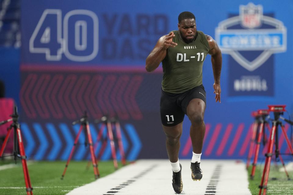 Moro Ojomo runs the 40-yard dash at the NFL scouting combine. His draft journey began as soon as the Alamo Bowl was over. He joins a talented Philadelphia roster that already had Fletcher Cox, Brandon Graham, Josh Sweat and Jordan Davis and then added Georgia defensive tackle Jalen Carter in the first round.