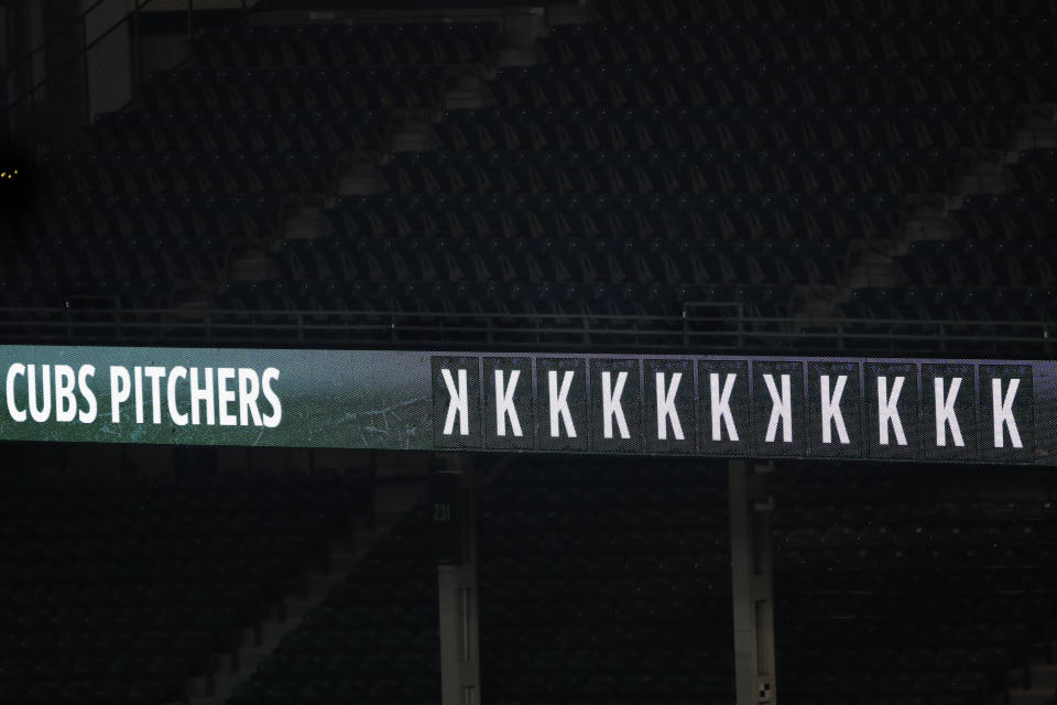 The scoreboard shows the amount of strikeouts Chicago Cubs starting pitcher Yu Darvish had during a baseball game against the Milwaukee Brewers in Chicago, Thursday, Aug. 13, 2020. Darvish pitched seven innings with 11 strikeouts, giving up one hit. (AP Photo/Jeff Haynes)