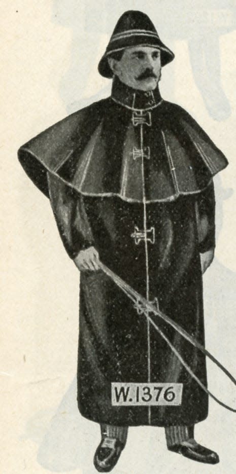 The waterproof cape man – seen stalking New England between 1870 and 1900 – wore a long black oilcloth coat and cape, like this one. It could easily be purchased for as little as $3.