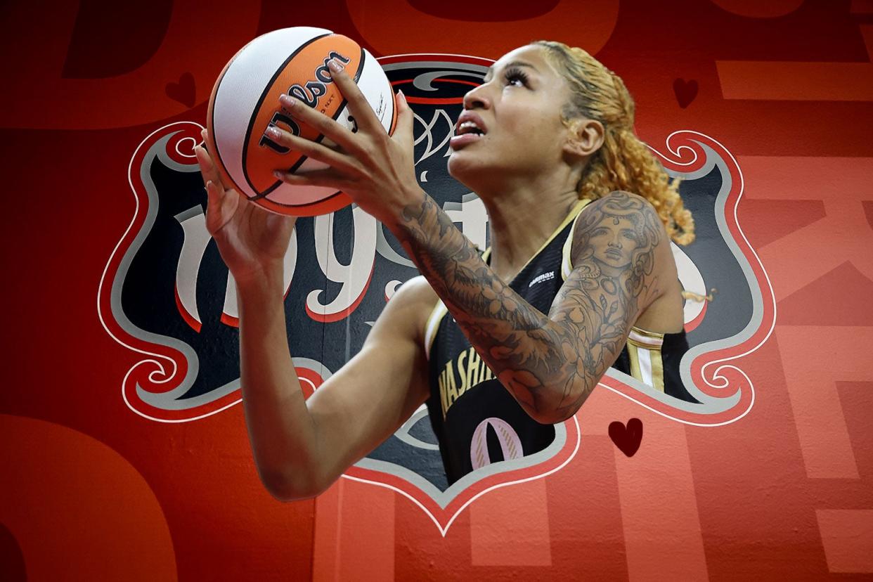 Shakira Austin shoots, Photoshopped in front of the Washington Mystics logo, illustrated with a heart and a crest around both.