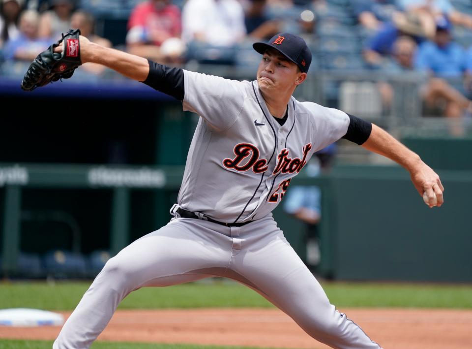 Starting pitcher Tarik Skubal of the Detroit Tigers throws in the first inning against the Kansas City Royals at Kauffman Stadium on June 16, 2021 in Kansas City, Missouri.